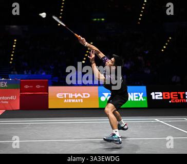 Utilita Arena, Birmingham, Großbritannien. März 2025. 2025 YONEX All England Open Badminton Championships Tag 5; Herren-Doppel, Leo Rolly CARNANDO (INA) und Bagas MAULANA (INA) gegen Sabar Karyaman GUTAMA (INA) und Moh Reza Pahlevi ISFAHANI (INA), Sabar Karyaman GUTAMA Credit: Action Plus Sports/Alamy Live News Stockfoto