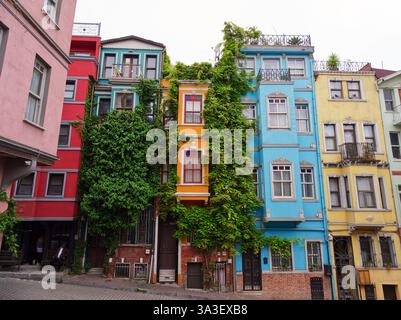 Lebendige mehrfarbige Stadthäuser mit einzigartigen architektonischen Merkmalen und üppig grünem Efeu, der an den Fassaden wächst Stockfoto