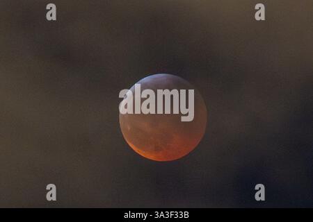 Anchorage, Alaska, USA. März 2025. Eine totale Mondfinsternis, auch bekannt als „Blutmond“, wird über Anchorage, Alaska, beobachtet, da der Mond aufgrund des Erdschattens rötlich gefärbt wird. Das himmlische Ereignis dauerte mehrere Stunden, wobei die Totalitätsphase ihren Höhepunkt um 22:58 Uhr AKDT erreichte. Die Sonnenfinsternis war teilweise durch Wolkenbedeckung sichtbar, zog aber immer noch Skywatcher und Fotografen in höhere Höhen wie den Flattop Mountain an. Quelle: Hasan Akbas/ZUMA Press Wire/ZUMA Wire/Alamy Live News Stockfoto