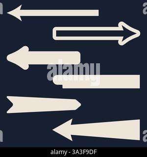 Ein Satz gerader Pfeile in verschiedenen Formen für Straßenschilder. Illustration des flachen Vektors auf weißem Hintergrund isoliert. Stock Vektor