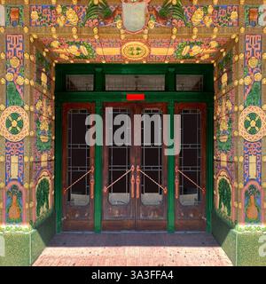 Ein kunstvoller Eingang in Chicagos Chinatown mit lebendigen, komplizierten, glasierten Terrakotta-Dekorationen mit chinesischen Motiven. Stockfoto
