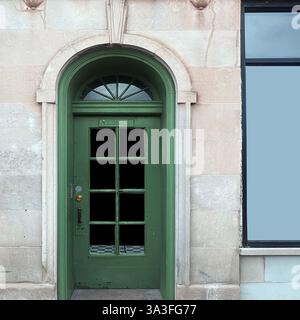 Klassische grüne Bogentür mit dekorativen Fensterscheiben in einer Steinfassade in Chicago. Stockfoto