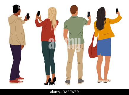 Gruppe von Personen, die mit Telefonen nach hinten stehen Stock Vektor