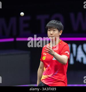Chongqing, China. März 2025. Sun Yingsha reagierte im Halbfinale der Frauen zwischen Sun Yingsha aus China und Wang Yidi aus China beim WTT Champions Chongqing 2025 in Chongqing, Südwest-China, am 16. März 2025. Quelle: Tang Yi/Xinhua/Alamy Live News Stockfoto