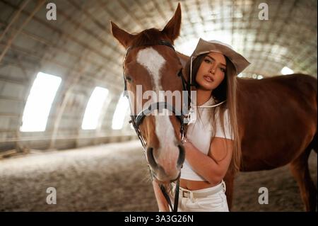 Die schöne junge Frau ist mit einem Pferd drinnen. Stockfoto
