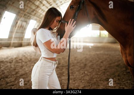 Seitenansicht, das Tier umarmen. Die schöne junge Frau ist mit einem Pferd drinnen. Stockfoto