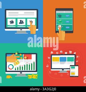 Flache Symbole für Web- und mobile Apps. Hand-Touchscreen mit Business-Symbolen, Online-Kauf auf einem digitalen Tablet, Mobiltelefon. Infografiken mit g Stock Vektor