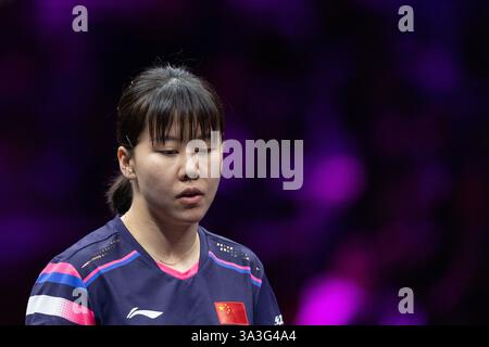 Chongqing, China. März 2025. Chen Xingtong reagierte im Halbfinale der Frauen zwischen Chen Xingtong aus China und Wang Manyu aus China beim WTT Champions Chongqing 2025 in Chongqing, Südwest-China, am 16. März 2025. Quelle: Huang Wei/Xinhua/Alamy Live News Stockfoto