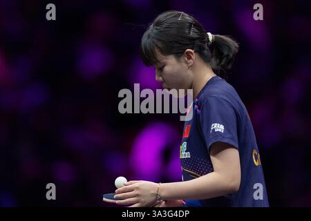 Chongqing, China. März 2025. Chen Xingtong reagierte im Halbfinale der Frauen zwischen Chen Xingtong aus China und Wang Manyu aus China beim WTT Champions Chongqing 2025 in Chongqing, Südwest-China, am 16. März 2025. Quelle: Huang Wei/Xinhua/Alamy Live News Stockfoto