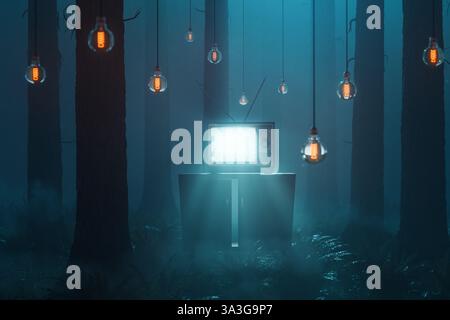 3D-Rendering eines nebeligen Waldes, beleuchtet durch einen hellen Fernseher, umgeben von hängenden Glühbirnen Stockfoto