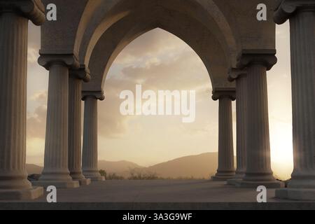 3D-Darstellung einer stoa-Halle mit Ionensäulen und Blick auf die wunderschönen Berge Stockfoto