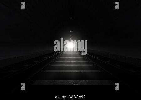 3D-Rendering von dunklem Zugtunnel mit Licht am Ende Stockfoto