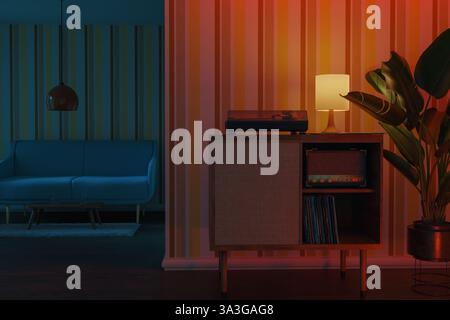 3D-Rendering eines gemütlichen Wohnzimmers im Retro-Stil bei Nacht Stockfoto