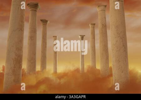 3D-Darstellung von alten Säulen über flauschigen goldenen Wolken Stockfoto