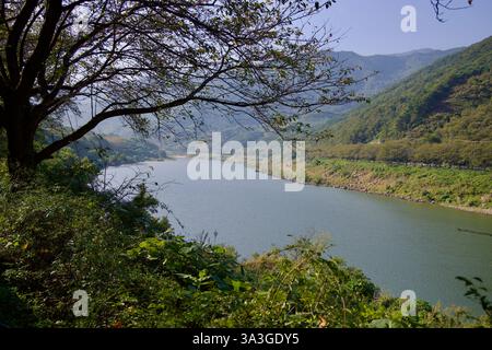 Gurye County, Südkorea - 3. Oktober 2021: Ein ruhiger Blick auf den Seomjin River, eingerahmt von Ästen und üppiger Vegetation, mit sanften Hügeln A Stockfoto