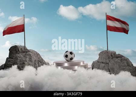 Polnische und österreichische Flagge neben dem Fußball auf der Bühne im blauen Himmel schwenken. 3D-Renndering Stockfoto