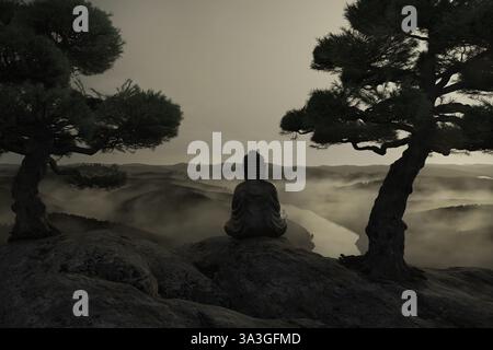 Hinter der buddha-Statue vor der nebeligen Berglandschaft. 3D-Rendering Stockfoto