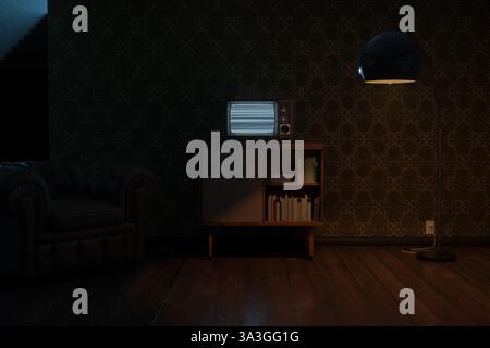 3D-Rendering eines Wohnzimmers im Retro-Stil mit einem alten Fernseher mit hellem statischem Bildschirm Stockfoto