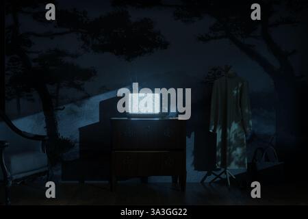Alter Fernseher und heller statischer Bildschirm in einem alten Wohnzimmer in der Nacht. 3D-Rendering Stockfoto