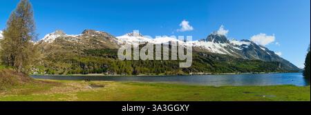Schweizer See in den Alpen. Silsersee, Engadin, Schweiz - Breitformatfoto Stockfoto
