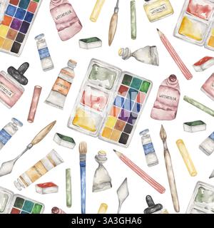 Aquarellkünstler liefert nahtlose Muster, Pinsel, Tuben, Paletten-Wiederholungspapier Stockfoto