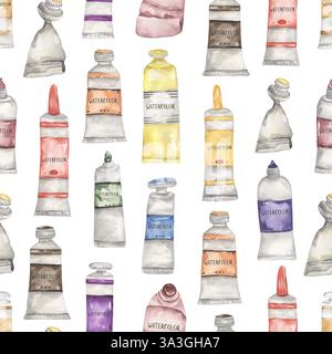 Handgezeichneter Aquarellkünstler liefert nahtlose Muster, Farbtuben wiederholen Papier Stockfoto