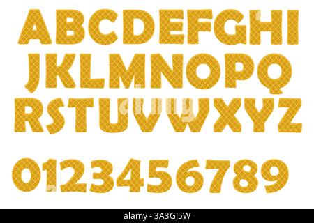 Alphabet, Buchstaben, Zahlen und Schilder aus Waffeln. Gruppe isolierter Vektorobjekte auf weißem Hintergrund. Bildungskarten, Aufkleber, Typografie Stock Vektor