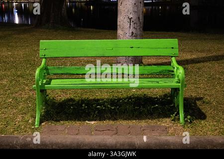 Eine hellgrüne Parkbank mit abgebrochener Farbe, die nachts allein auf dem Gras steht. Ein Baum und ein ruhiges Gewässer reflektieren Lichter im Hintergrund. Leistung Stockfoto