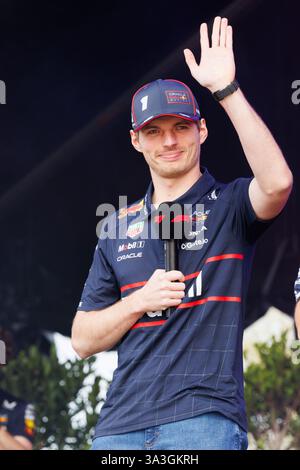 Melbourne, Australien. März 2025. Max Verstappen aus den Niederlanden und das Oracle Red Bull Racing Team beim Fanforum vor dem Formel 1 Grand Prix von Australien auf dem Albert Park Grand Prix Circuit. (Foto: George Hitchens/SOPA Images/SIPA USA) Credit: SIPA USA/Alamy Live News Stockfoto