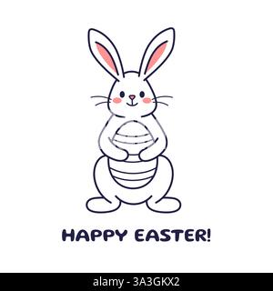 Osterfigur sitzender Hase, Hase, Hase mit bemaltem Ei. Flache Vektorkonstruktion, Umrissdarstellung. Osterfigur, Aufkleber. Frohe Ostern Stock Vektor