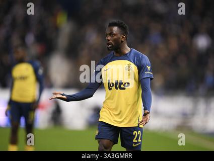 Genk, Belgien. März 2025. Union Ousseynou Niang, fotografiert während eines Fußballspiels zwischen KRC Genk und Union Saint-Gilloise am Samstag, den 15. März 2025 in Genk, am 30. Tag der Saison 2024-2025 der ersten Liga der „Jupiler Pro League“ der belgischen Meisterschaft. BELGA FOTO JOHN THYS Credit: Belga News Agency/Alamy Live News Stockfoto