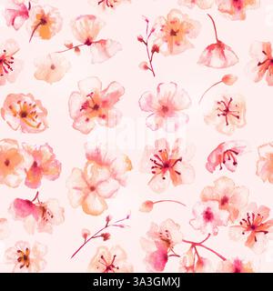 Nahtloses Muster in Frühlingsaquarellen. Aquarellblumen. Pinkfarbene Blüten, abstrakte handgemalte Tapete. Botanische Kunst Stockfoto