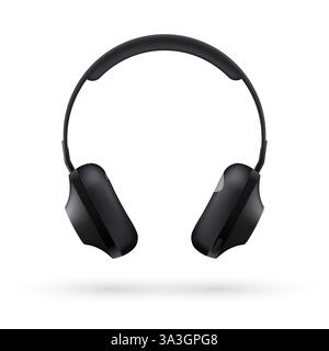 Musik realistische schwarze Kopfhörer, Vorderansicht isoliert auf hellem Hintergrund. Vektor-3D-Illustration. Stock Vektor