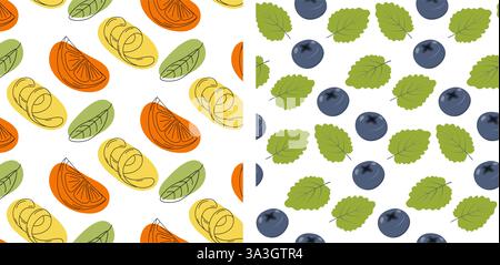 Konturierte orangefarbene Schichten hinterlässt spiralförmige Rinde bunte Flecken Blueberry Mint Leaves Seamless Pattern Set 2. Isolierte Vektor-Illustration Hintergrundbild Thematische Karten, Poster, Broschüren und Web-Promo-Banner, Tag Stock Vektor