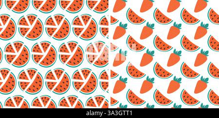 Wassermelone verschiedene Scheiben mit Samen ganze Erdbeere mit Blättern nahtlose Muster Hintergrund Set 2. Isolierte Vektor-Illustration Wrapping Wallpaper Thematische Karten oder Web-Promo-Broschüren, Banner, Etikett Stock Vektor
