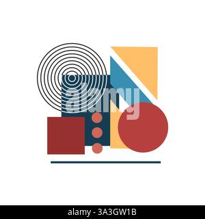 Abstrakte, vom Bauhaus inspirierte Komposition mit geometrischen Formen, kräftigen Farben und klaren Linien. Perfekt für moderne Designprojekte und digitale Hintergründe Stock Vektor
