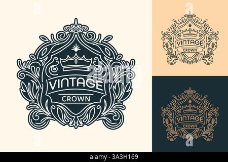 Ein Elegantes Vintage-Krone-Emblem Mit Detaillierten Blüten Und Designs Stock Vektor