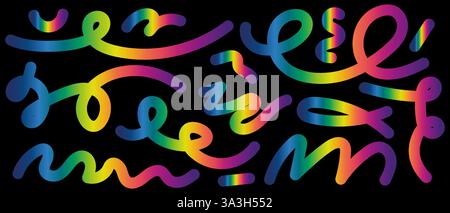 Abstrakte wirbelnde Neonformen auf Schwarz gesetzt, lineare Regenbogenfluidspiralen, Vektor-Illustration Stock Vektor