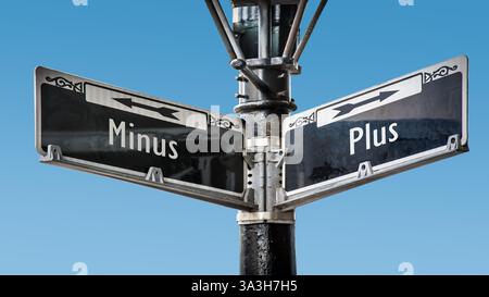 Ein Bild mit einem Wegweiser, der in zwei verschiedene Richtungen auf Deutsch zeigt. Eine Richtung zeigt auf Plus, die andere auf Minus. Stockfoto
