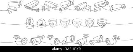 Überwachungskameras, eine Zeile, fortlaufende Zeichnung. Schutzsystem für Wohnräume. Vektorabbildung. Stock Vektor