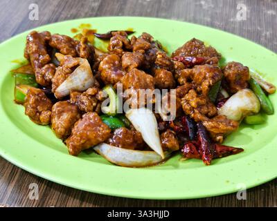 Kung Pao Hähnchen in einer reichhaltigen herzhaften Sauce mit Zwiebeln, Paprika und getrockneten Chili Stockfoto