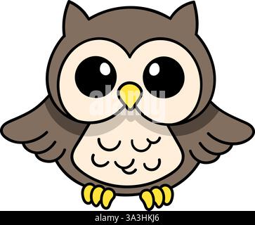 Diese digitale Illustration zeigt ein niedliches Eulenmaskottchen mit großen runden Augen, einem kleinen gelben Schnabel und gespreizten Flügeln im Zeichentrickstil Stock Vektor