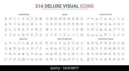 Konstruktion, Automatisierung und nachhaltige Energieentwicklung, Liniensymbole für Zahnradtypen. Zahnräder von Ausrüstung, Technik, technisches Projekt dünne schwarze und rote Umrisssymbole Vektorillustration Stock Vektor