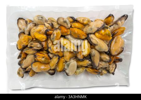 Muscheln mit Schale gefroren und vakuumversiegelt in durchsichtigem Kunststoffbeutel isoliert auf weiß mit Schneidepfad im Lieferumfang enthalten Stockfoto