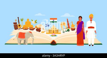 Kreatives Design mit einem offenen Buch mit indischen kulturellen Ikonen, darunter das Taj Mahal, traditionelle Speisen und nationale Symbole. Eine lebendige Komposition für Kulturerbe- und Reisethemen. Stock Vektor