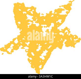 Goldener Kreidezeichnungsstern. Glänzendes oder funkelndes Doodle-Element. Gelber Wachsstift im Kinderstil, Zeichen des Nachthimmels. Kratzstift-Grunge Stock Vektor