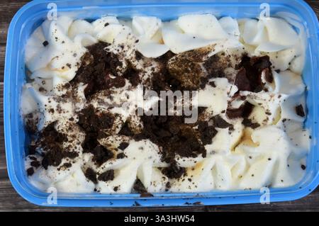 Eis, Vanilleeis mit Karamellsauce und Keksen und Keksen ist ein gefrorenes Dessert, das typischerweise aus Milch oder Sahne hergestellt wird Stockfoto