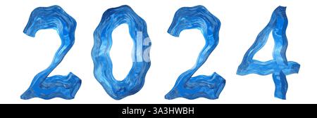 Konzept oder Konzept 2024 Jahre aus blauem Wasser mit Wellenschrift isoliert auf weißem Hintergrund. Eine abstrakte 3D-Illustration als Metapher Stockfoto