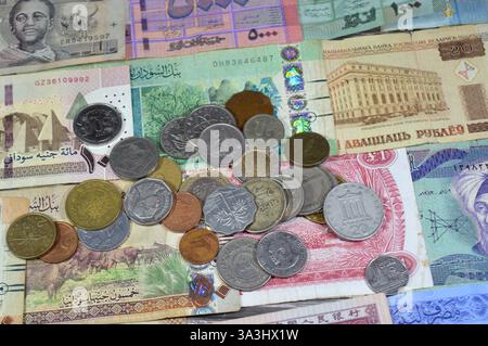 Münzen aus verschiedenen Ländern und Europa auf verschiedenen Banknoten aus verschiedenen Ländern wie irakische Dinar, libyscher Dinar, sudanesische Pfund, indische Rupie Stockfoto
