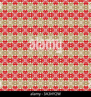 Nahtloses japanisches Muster mit Blumen-, Herz- und Linienform, flacher Umriss in Rot- und Goldfarbe. Vektorabbildung Stock Vektor